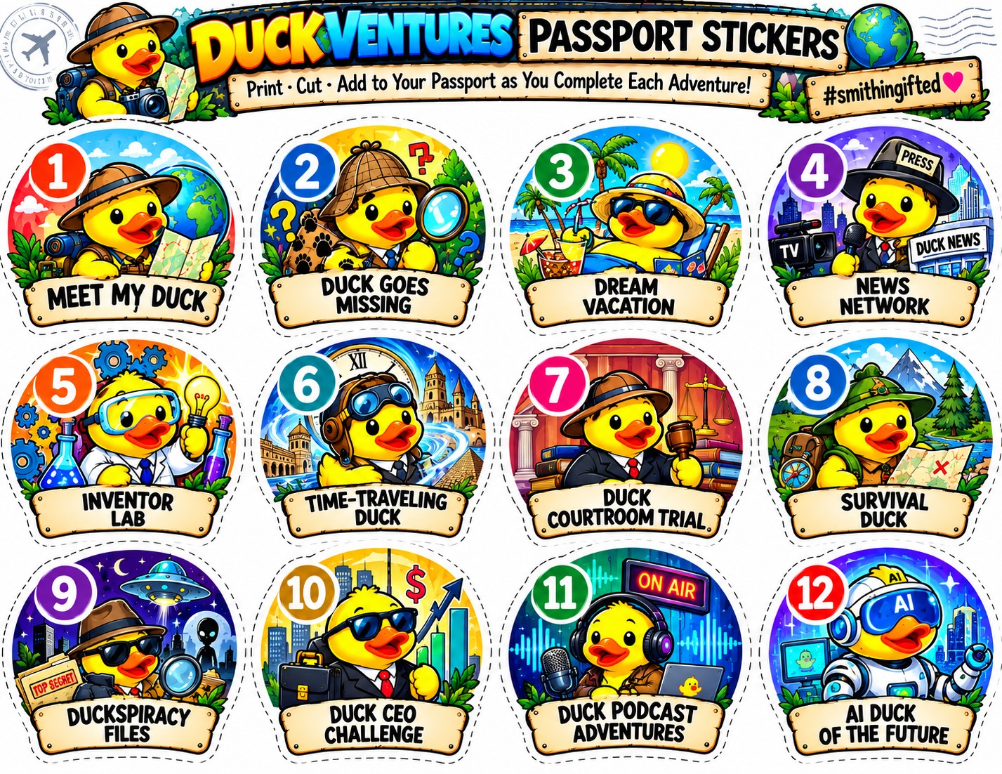 Twelve round Duckventures passport stickers, one for each adventure