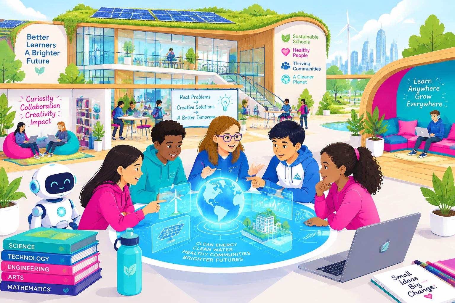 Students collaborating around a holographic table in a sustainable school of the future