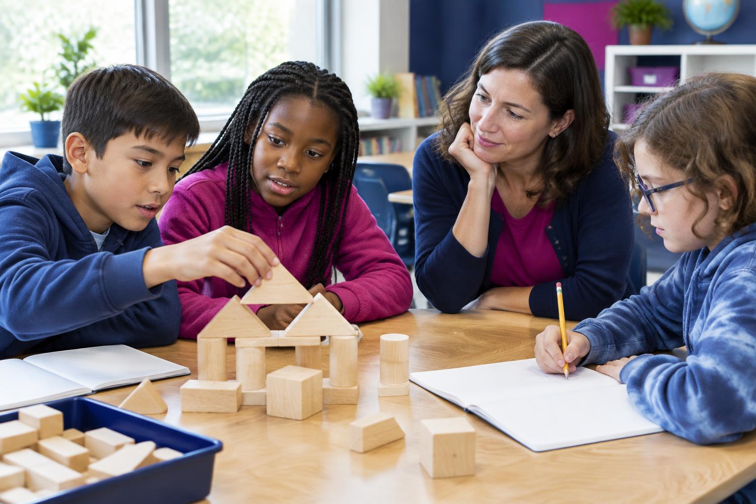 Illustrative classroom scene of learners discussing a block construction with a teacher.