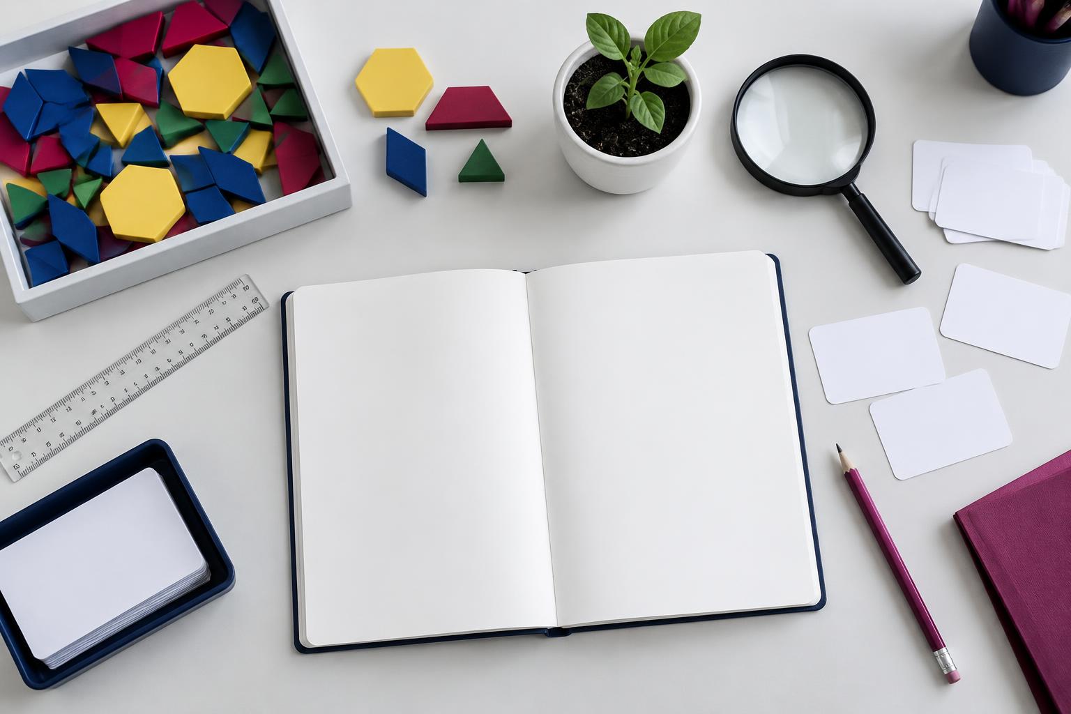 Illustrative planning table with a notebook, pattern blocks and investigation tools.